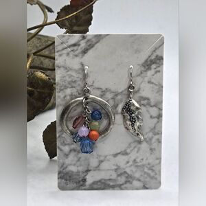 "5/$25" Mismatched Pewter Finish Feather/Multicolored Bead Dangle Earrings